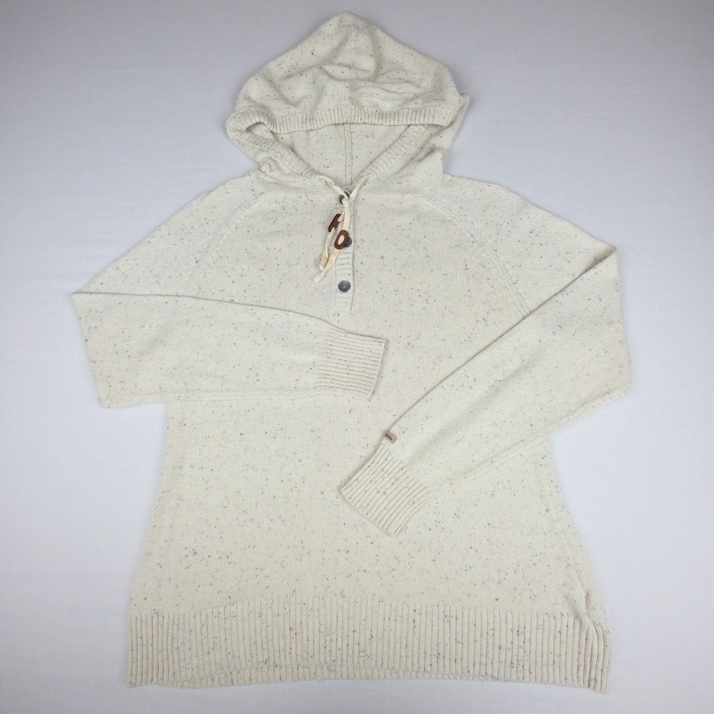 Columbia Henley Hooded Pullover Sweater Womens XL Cream Speckled Knit Cotton